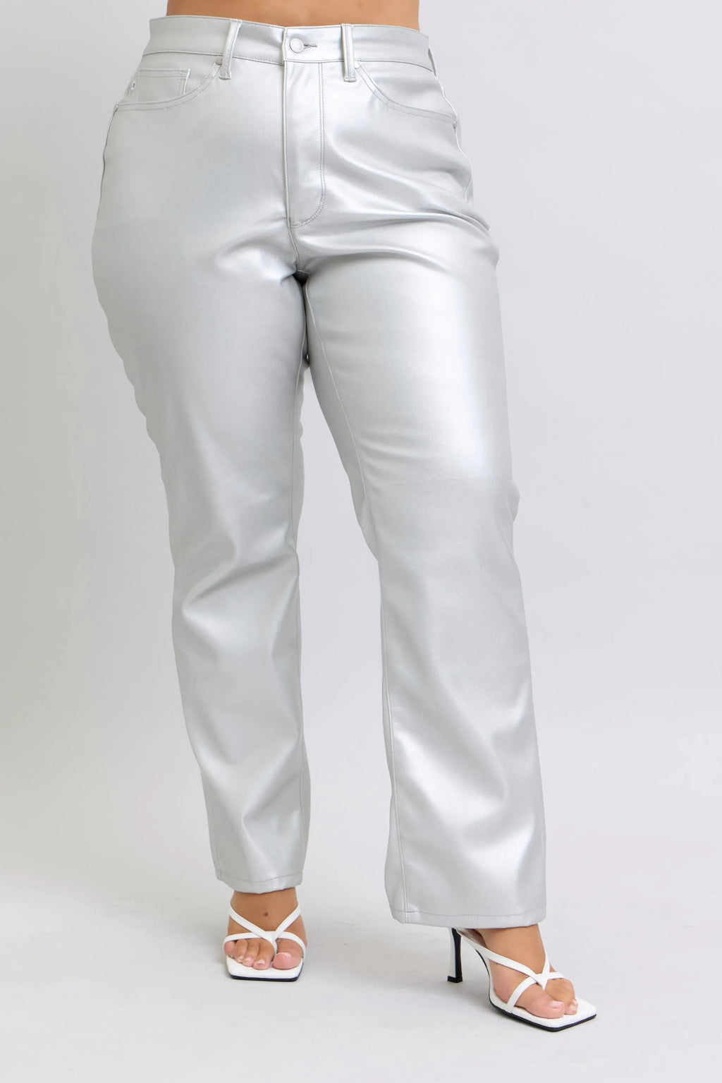 High-waist metallic faux leather pants with belt loops and front button closure
