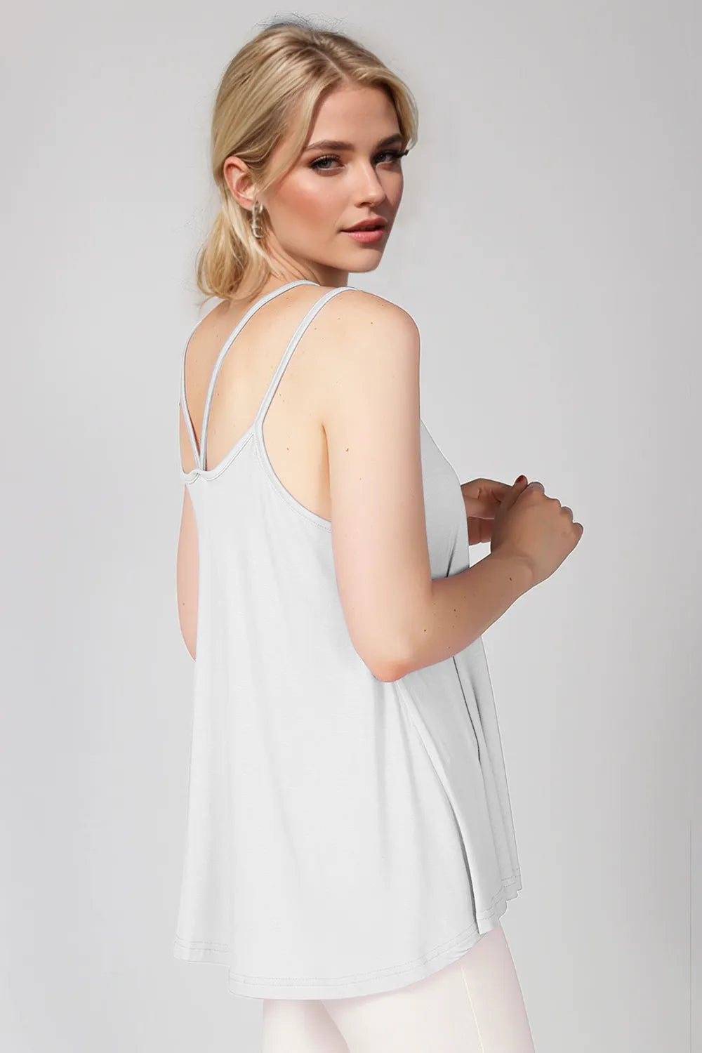 Bamboo scoop neck cami in white with double spaghetti straps—back view