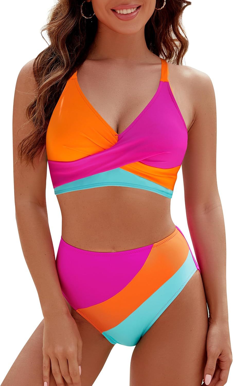 Colorblock cross-strap bralette with matching high-waist bikini bottom set