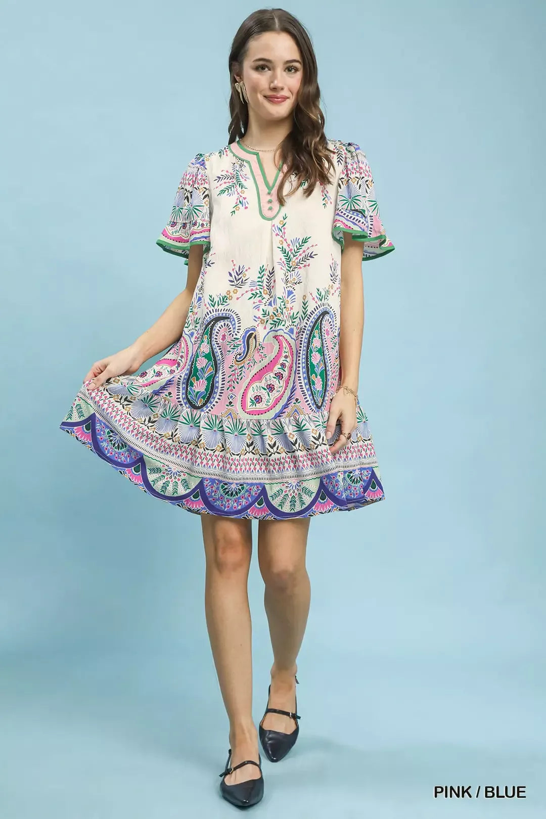 Pink/Blue paisley flutter-sleeve mini dress with scalloped ruffle hem and green neckline