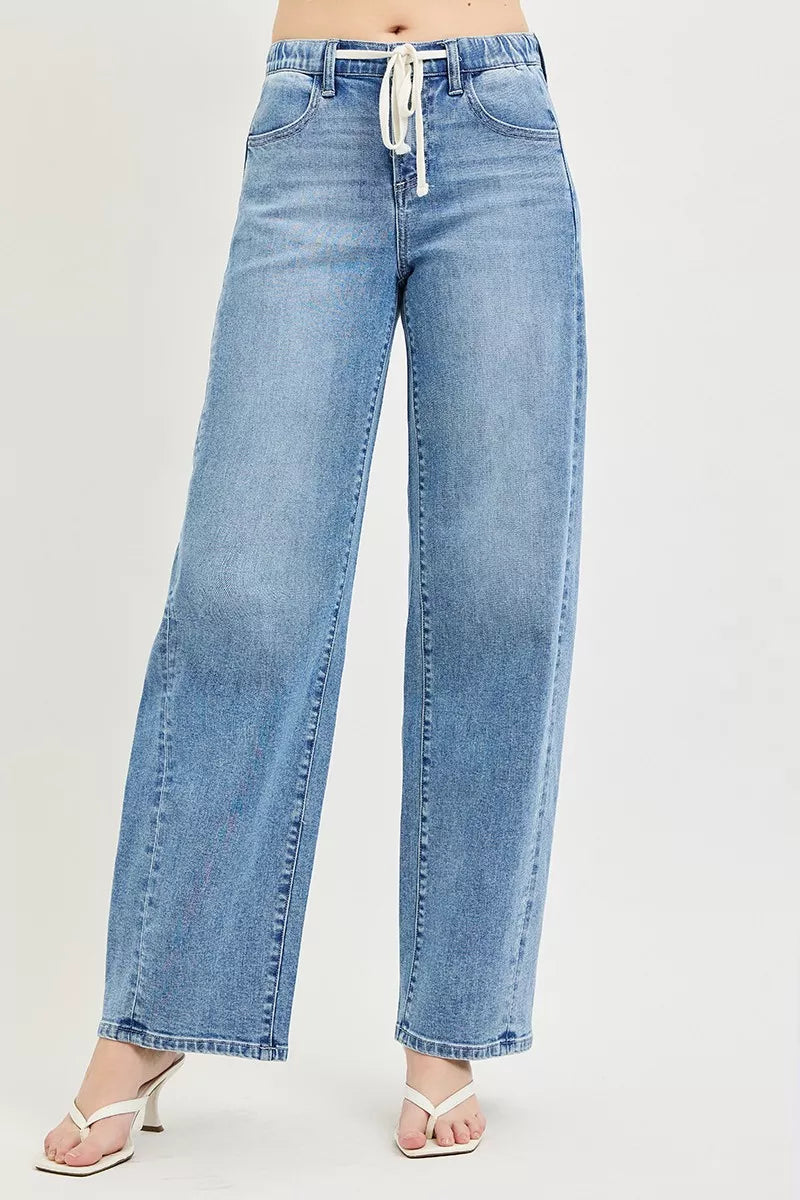 Light wash relaxed jeans with drawstring elastic waist and front pockets