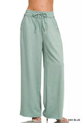 Zenana French terry wide-leg sweatpants, ash blue, elastic drawstring waist