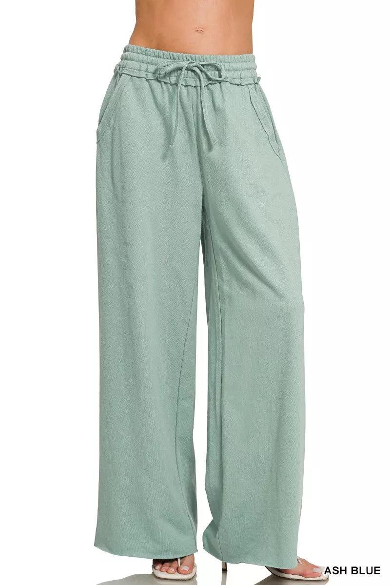 Zenana French terry wide-leg sweatpants, ash blue, elastic drawstring waist