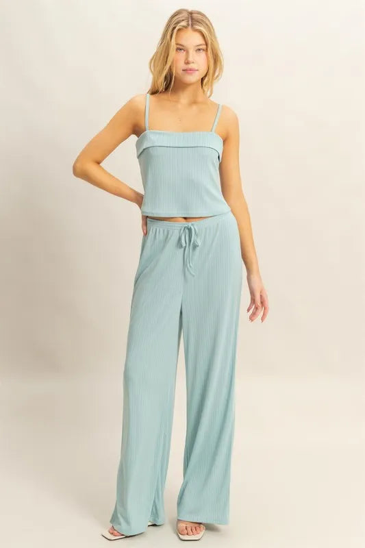 Aqua rib-knit cami top and wide-leg pants set with drawstring waist