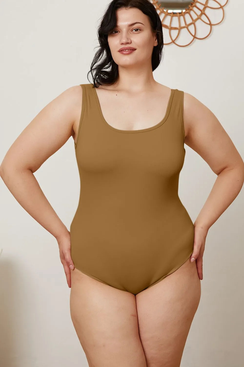 Camel square-neck sleeveless bodysuit, front view with high-cut legs