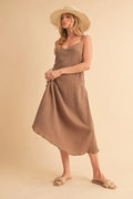 Mocha midi cami dress with side buttons and thin straps