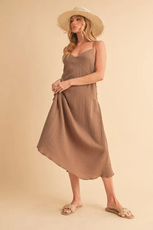 Mocha midi cami dress with side buttons and thin straps