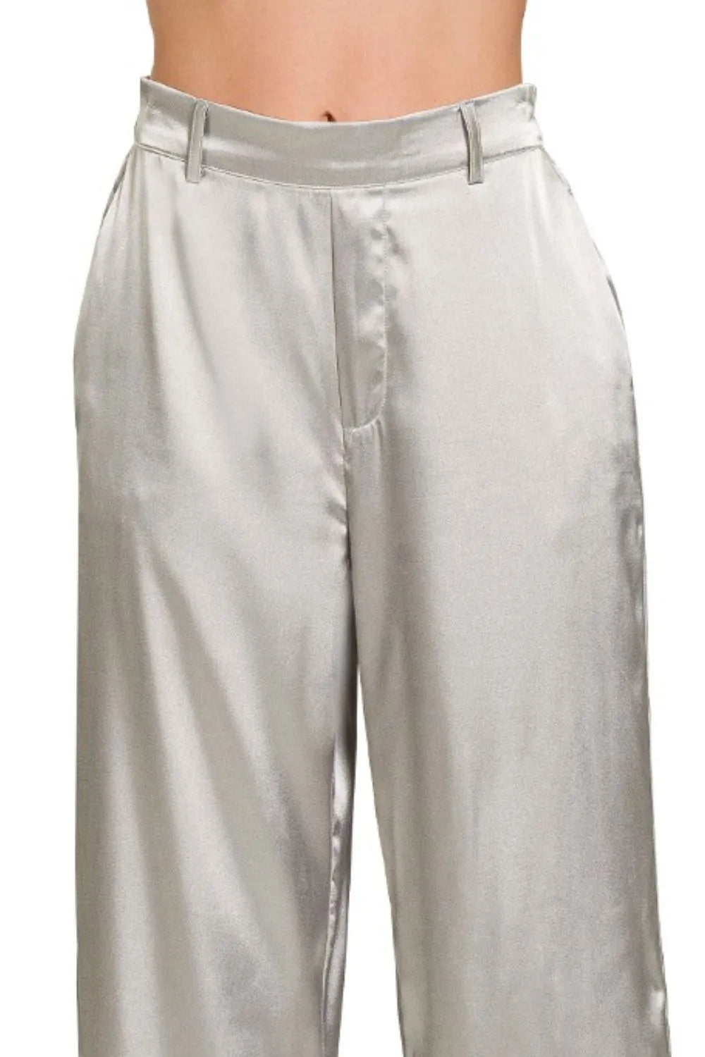 Zenana Wide-Leg Satin Pants in silver, belt loops and center-front seam