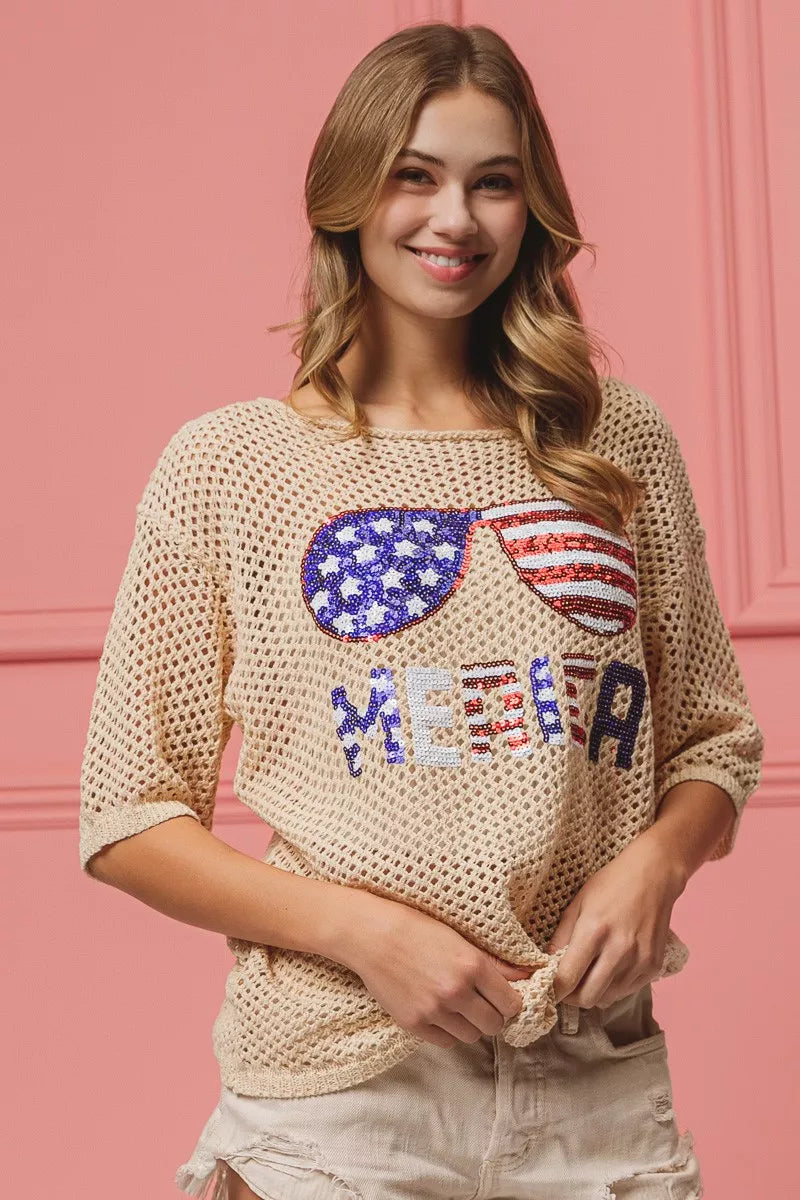 Oatmeal knit top with sequined American flag sunglasses graphic, 3/4 sleeves