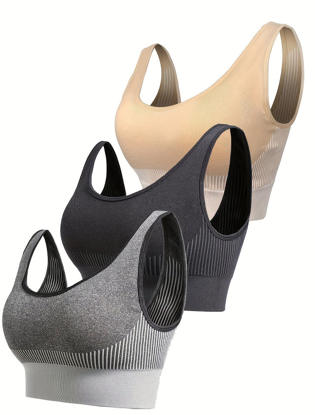 Seamless sports bra pack with beige, dark gray, and light gray bras and racerback straps