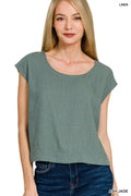 Zenana linen sleeveless top, Ash Jade green, scoop neck and relaxed drape