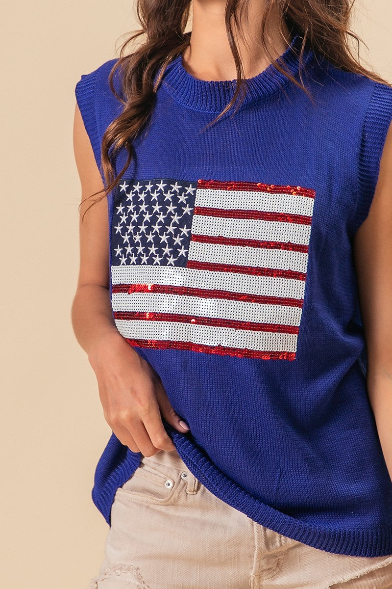 Royal blue knit vest with large sequin American flag patch detail