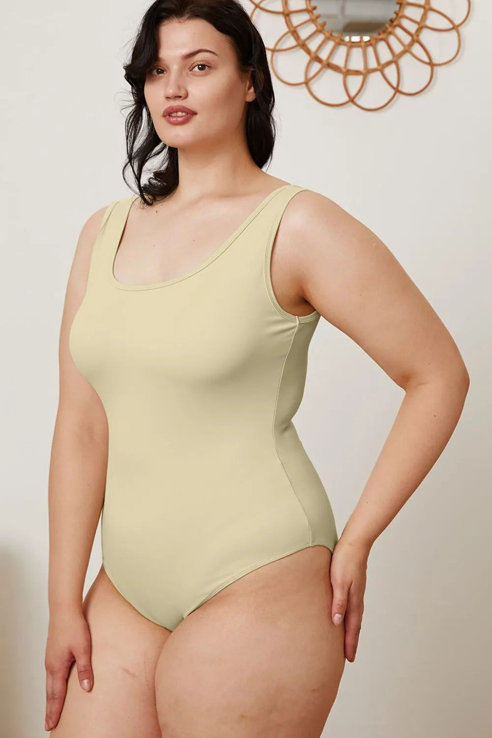 Square-neck sleeveless bodysuit, olive, side profile