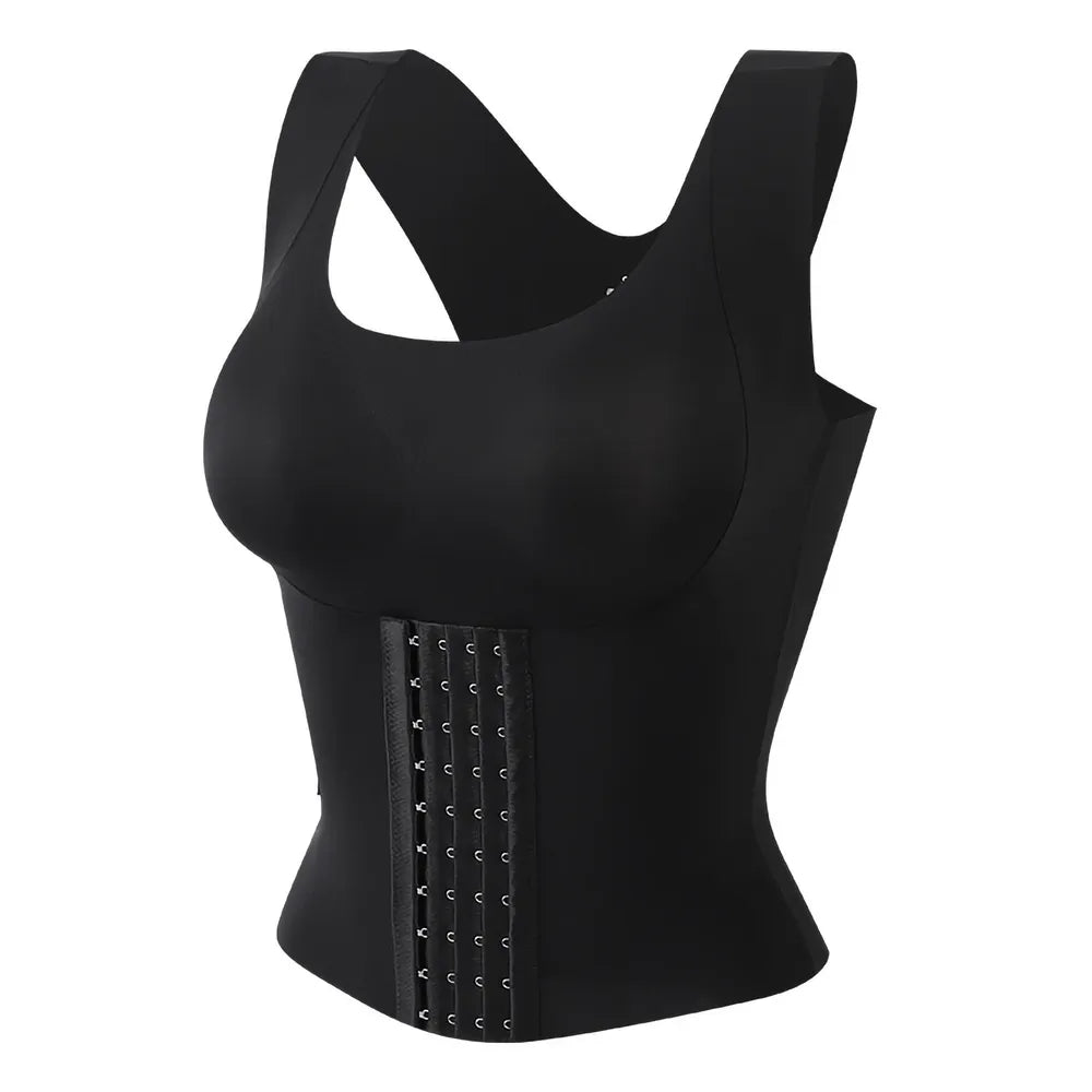 Black scoop-neck shapewear tank with front hook-and-eye closure and contoured cups
