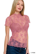 Zenana lace see-through short sleeve top, LT Rose floral texture