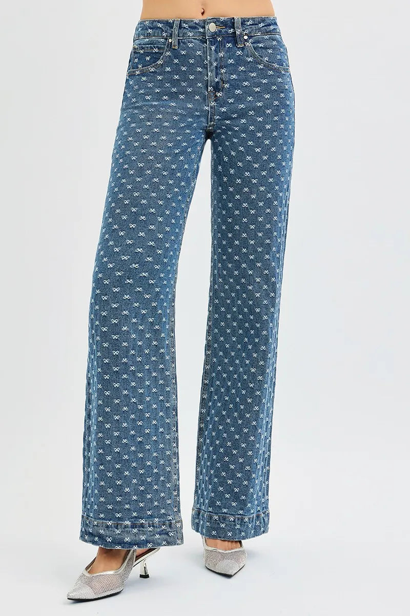 Dunkle High-Rise Wide-Leg Jeans mit Schleifenstickerei, Knopfverschluss