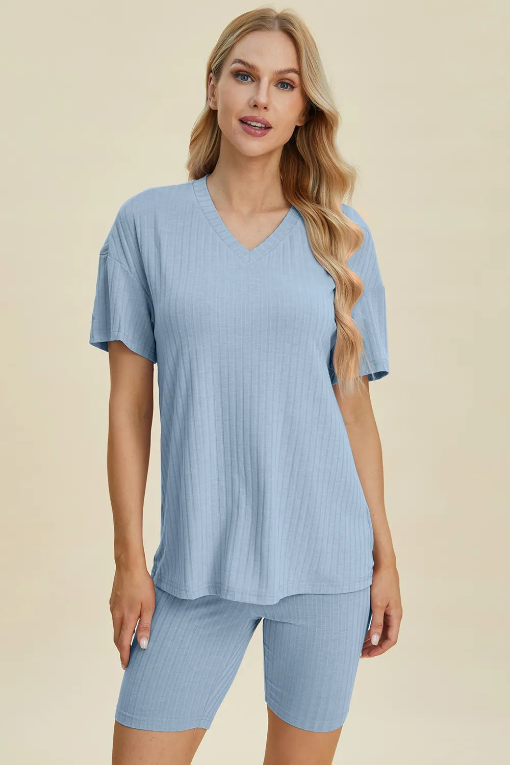 Ribbed v-neck short sleeve top and matching shorts set, light blue, knit shorts