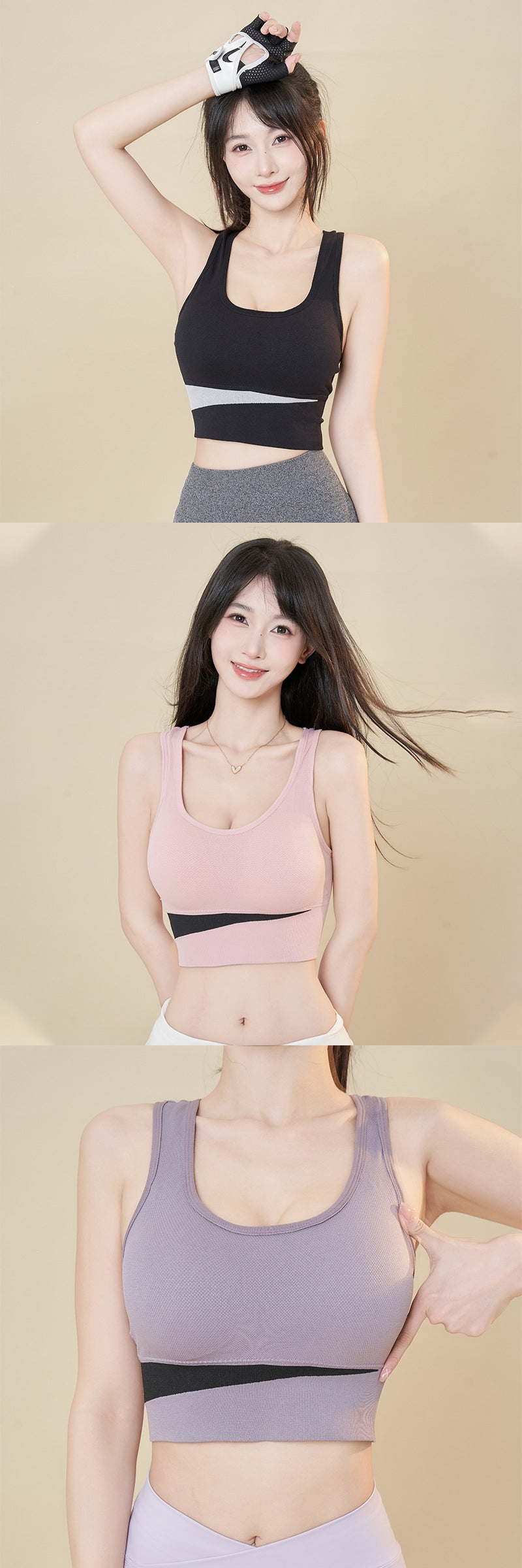 3-pack wire-free sports bras with racerback; black, blush pink, lavender