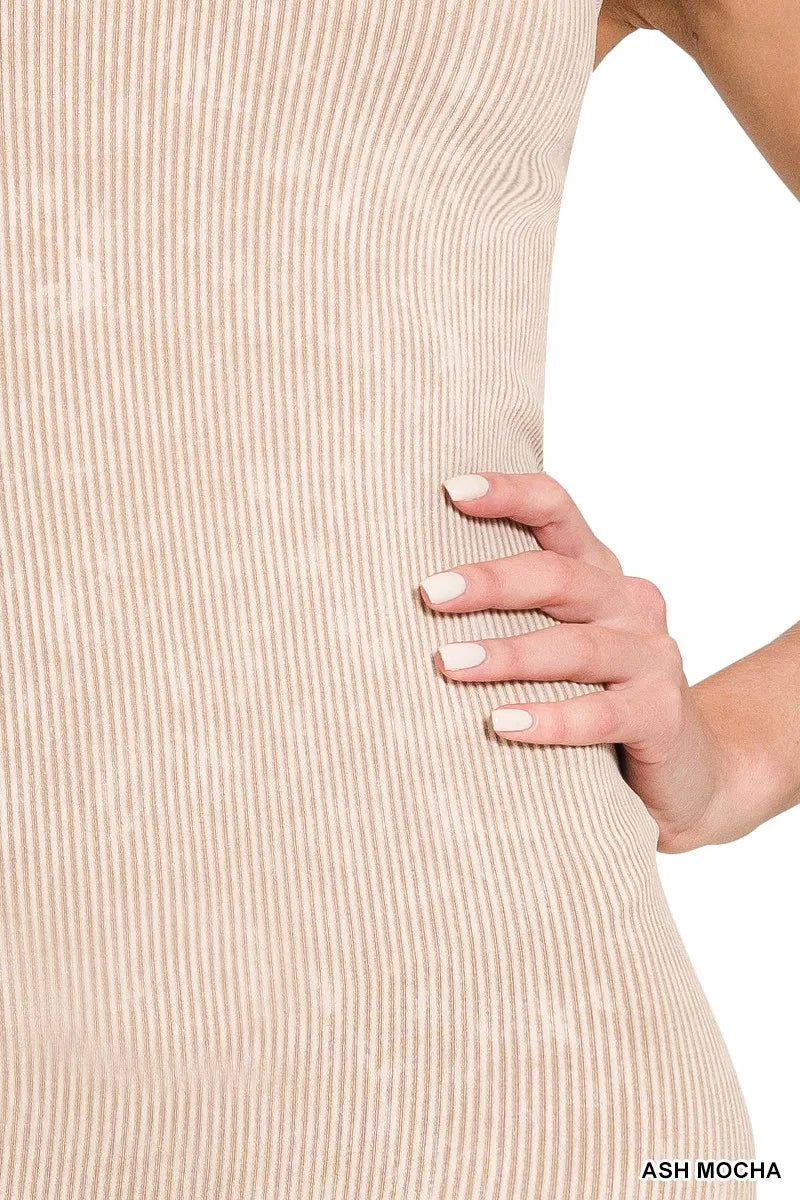 Ash Mocha stone-washed ribbed romper close-up, stretchy seamless knit
