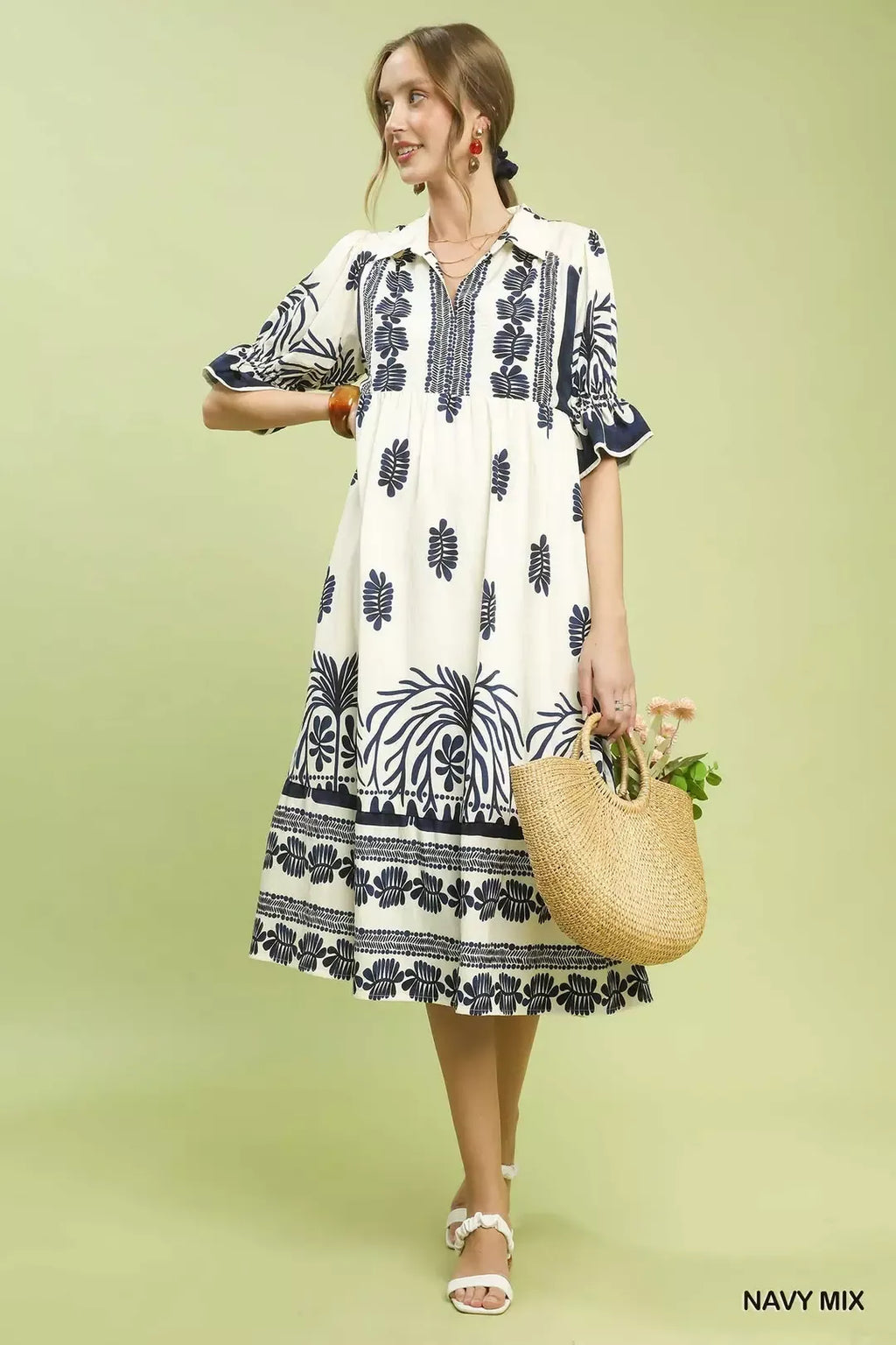 Midikleid mit Puffärmeln, Navy-Mix Gesamtprint, ausgestellter Saum mit Bordüre unten