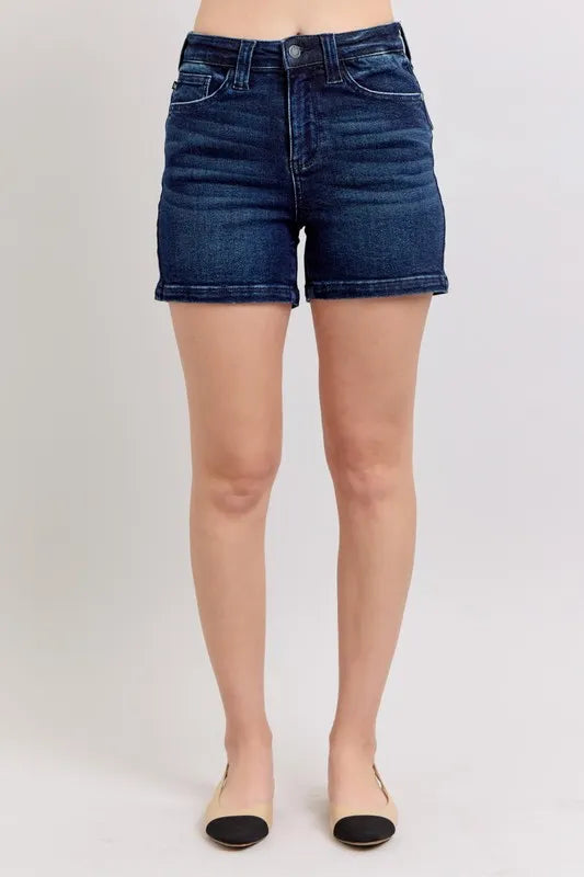 High-waist dark denim shorts with back flap pockets, plus size
