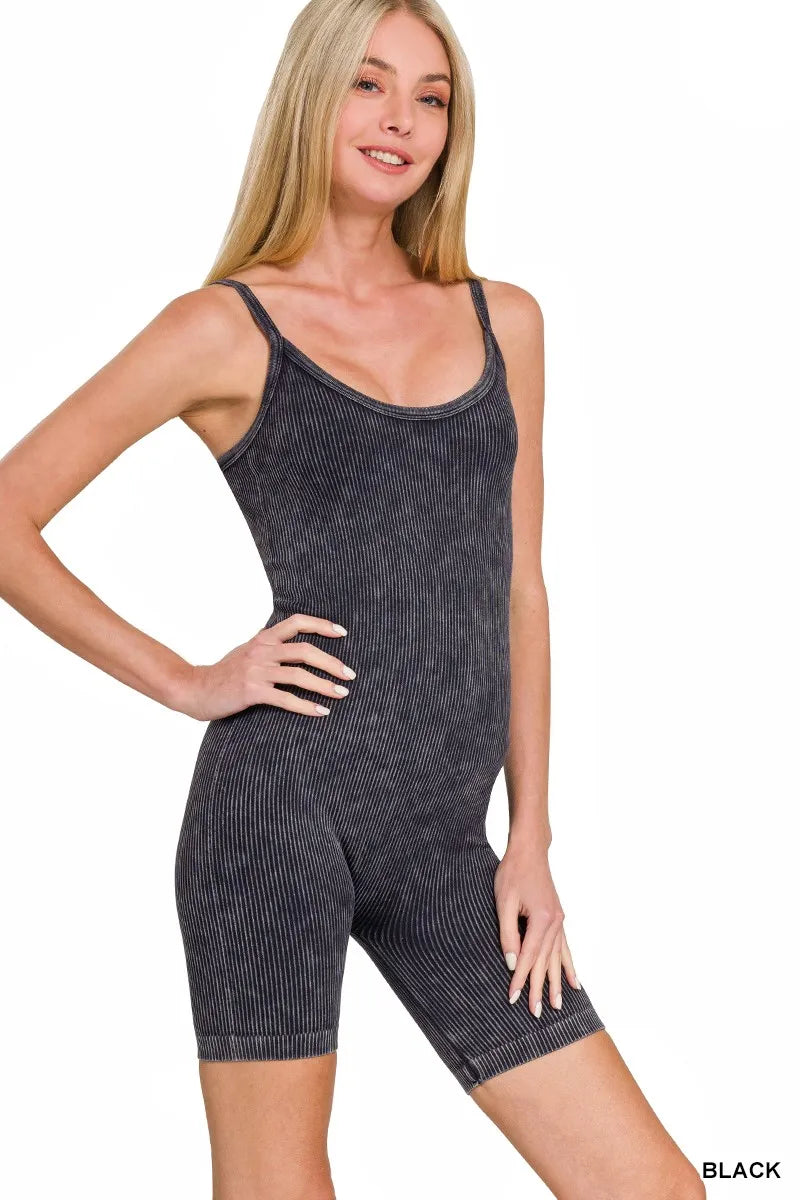 Black ribbed seamless romper, sleeveless tank style with wide straps and biker shorts