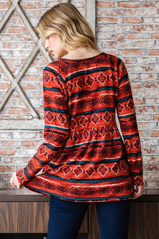 Back view: long-sleeve geometric babydoll top with button placket