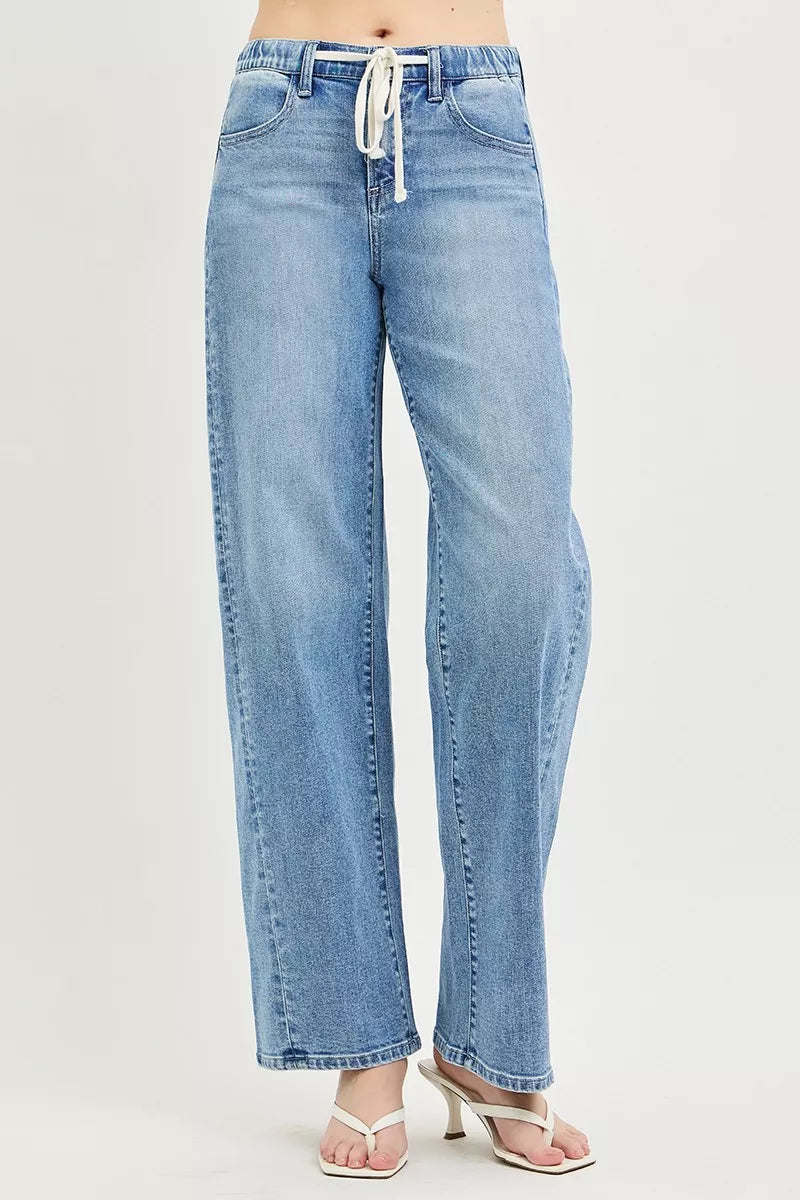 Light wash relaxed fit jeans, front fly with drawstring waist ties