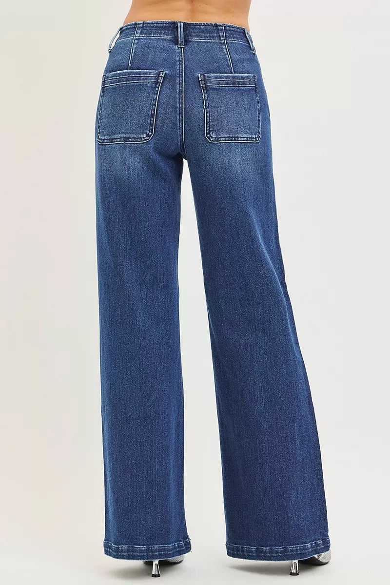 Back view high-rise wide-leg jeans in dark wash denim with two patch pockets