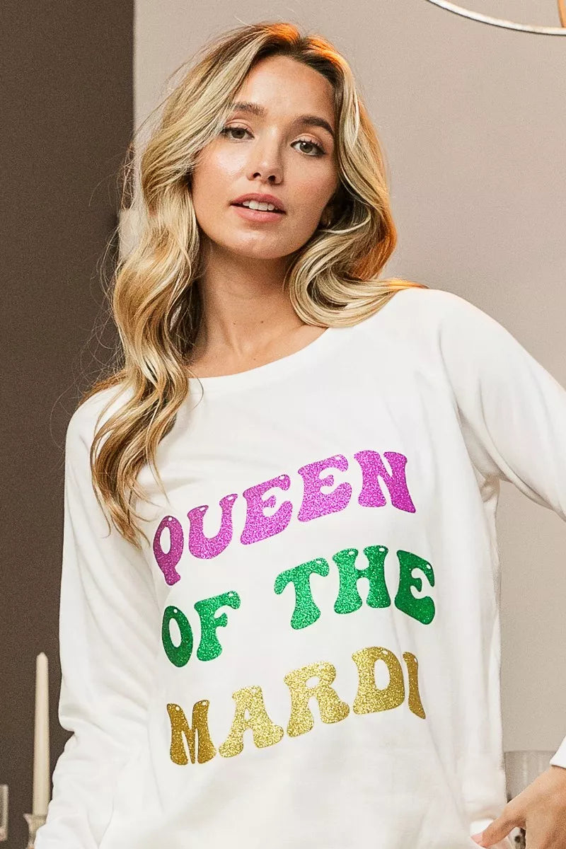 Off-white Sweatshirt mit Glitzer-Print „QUEEN OF THE MARDI“