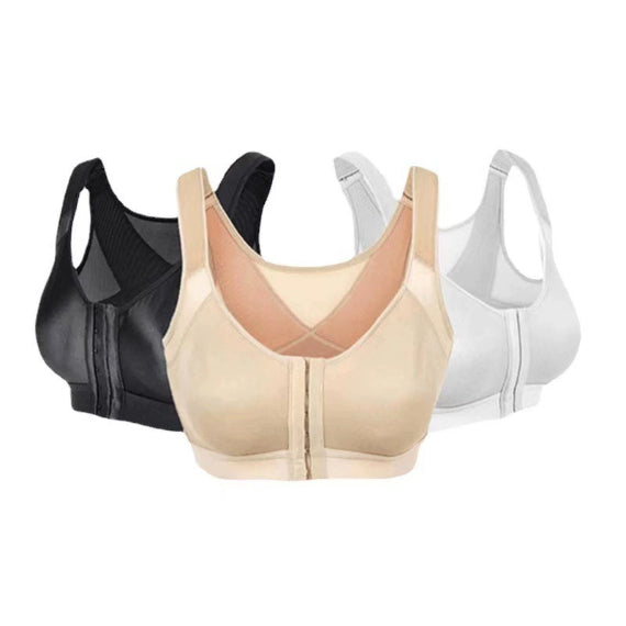 3-pack shockproof sports bras with front hook-and-eye closure, black beige and white