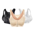 3-pack shockproof sports bras with front hook-and-eye closure, black beige and white