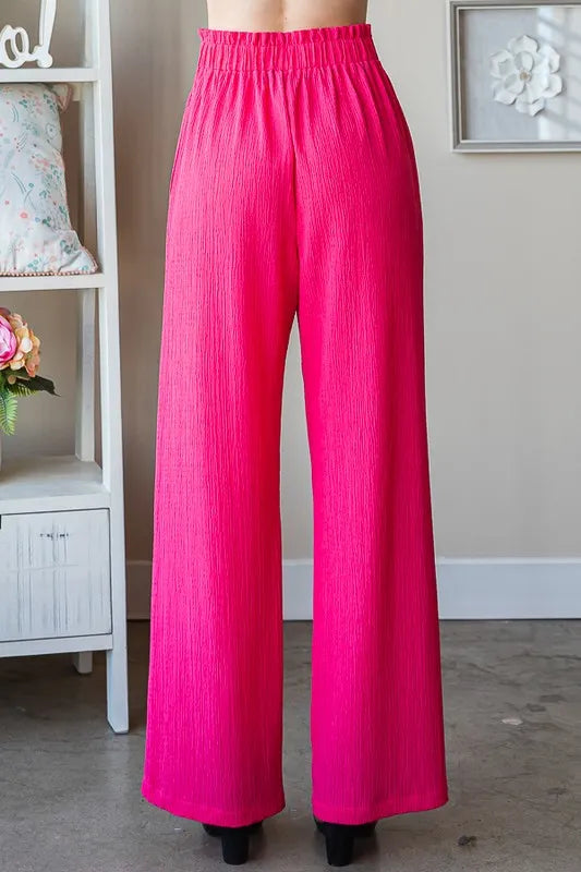 Watermelon wide-leg trousers with smocked paperbag waist and elastic top