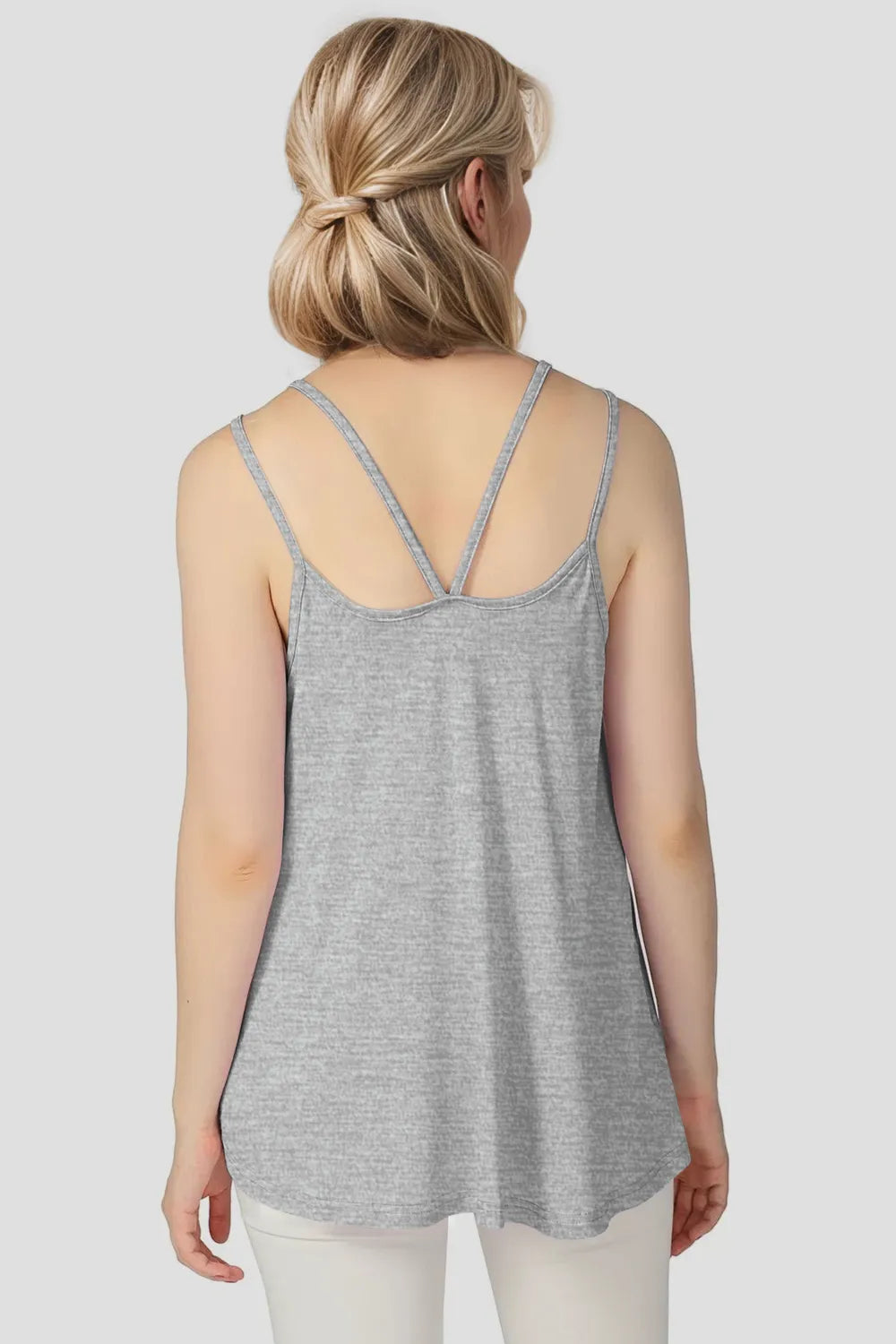 Bamboo scoop neck cami in gray with double spaghetti straps—back view