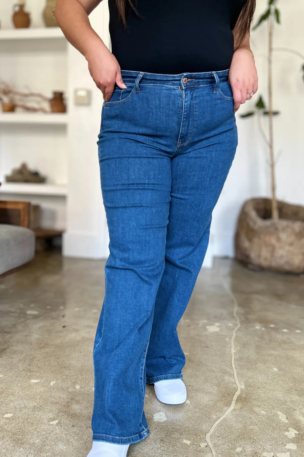 High rise straight jeans in medium blue wash, front view with slim straight leg