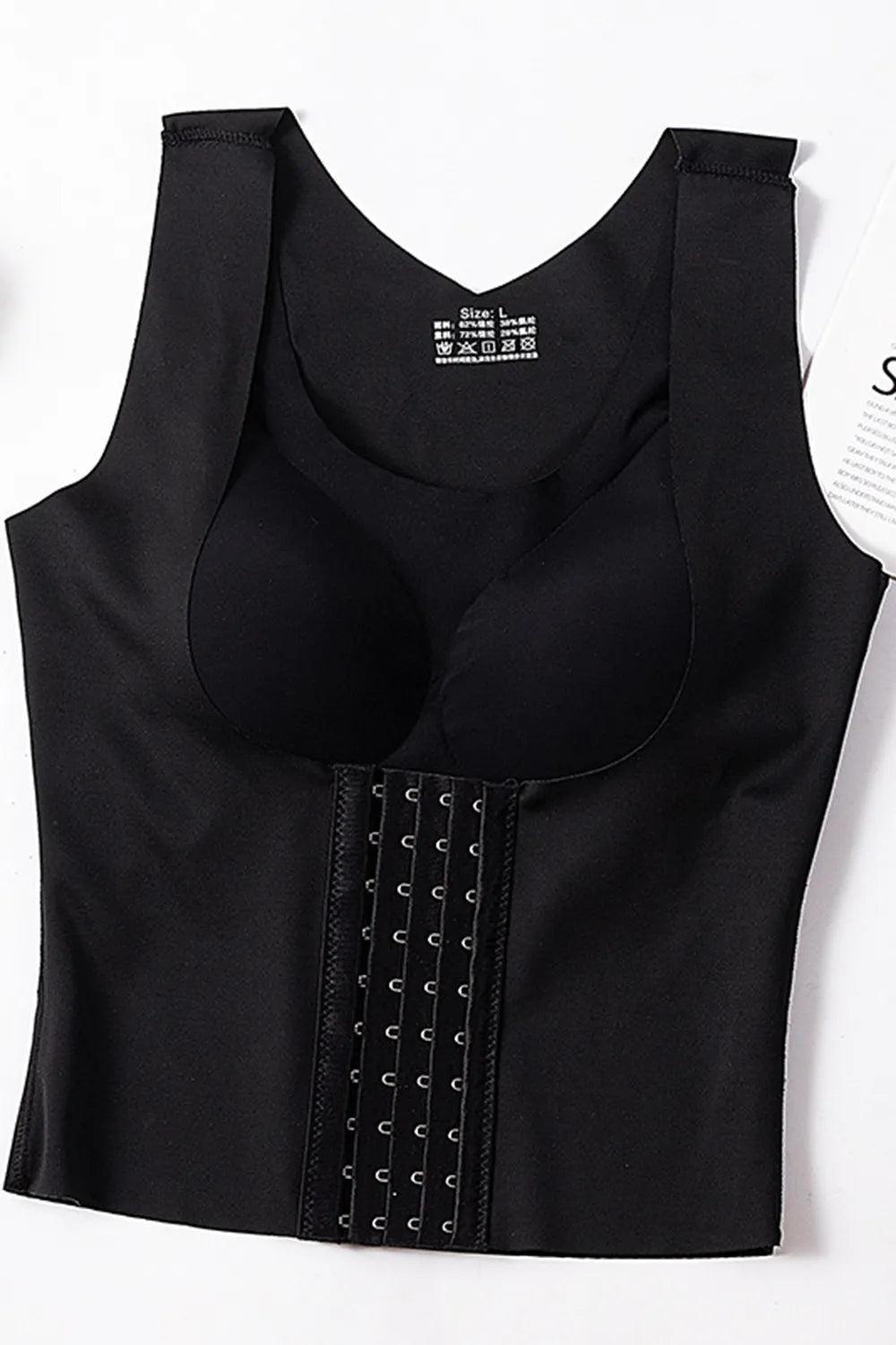 Black scoop-neck shapewear tank with removable padded cups and front hook-and-eye panel