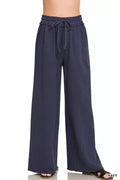 Zenana French terry wide-leg sweatpants in navy, elastic drawstring waistband