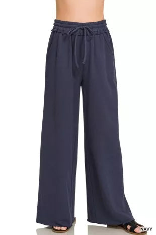 Zenana French terry wide-leg sweatpants in navy, elastic drawstring waistband