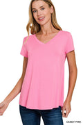 Zenana V-neck short-sleeve top in candy pink, rounded hem