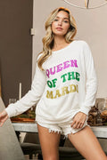 Trendsi off-white sweatshirt with glitter “QUEEN OF TH3 MARDI” print, long sleeves