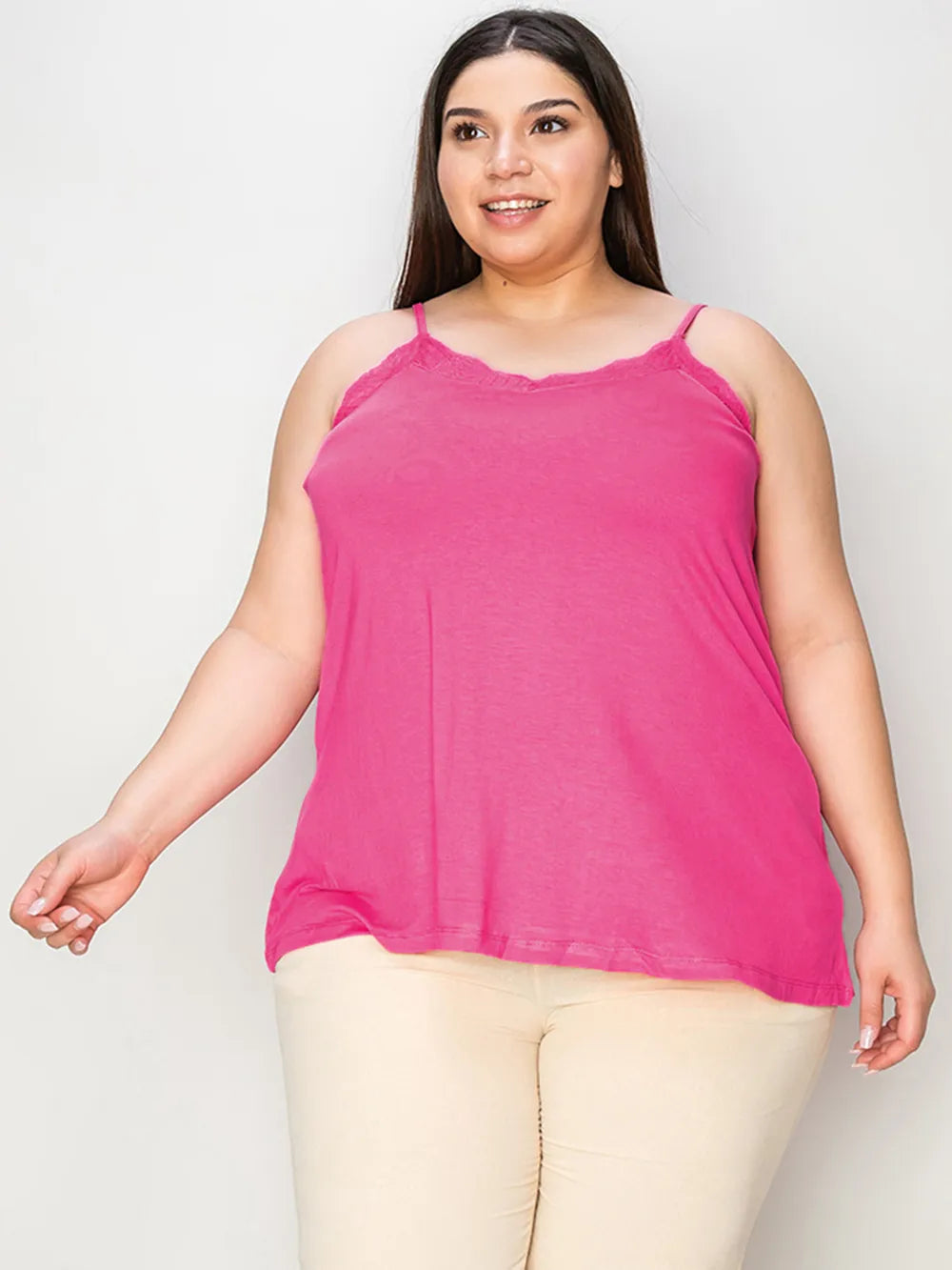 Pink lace-trim neckline cami with relaxed drape and thin shoulder straps