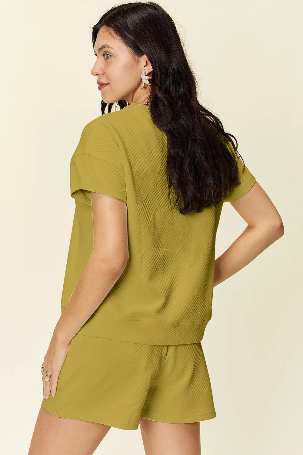 Chartreuse back view: short-sleeve T-shirt set with drawstring shorts