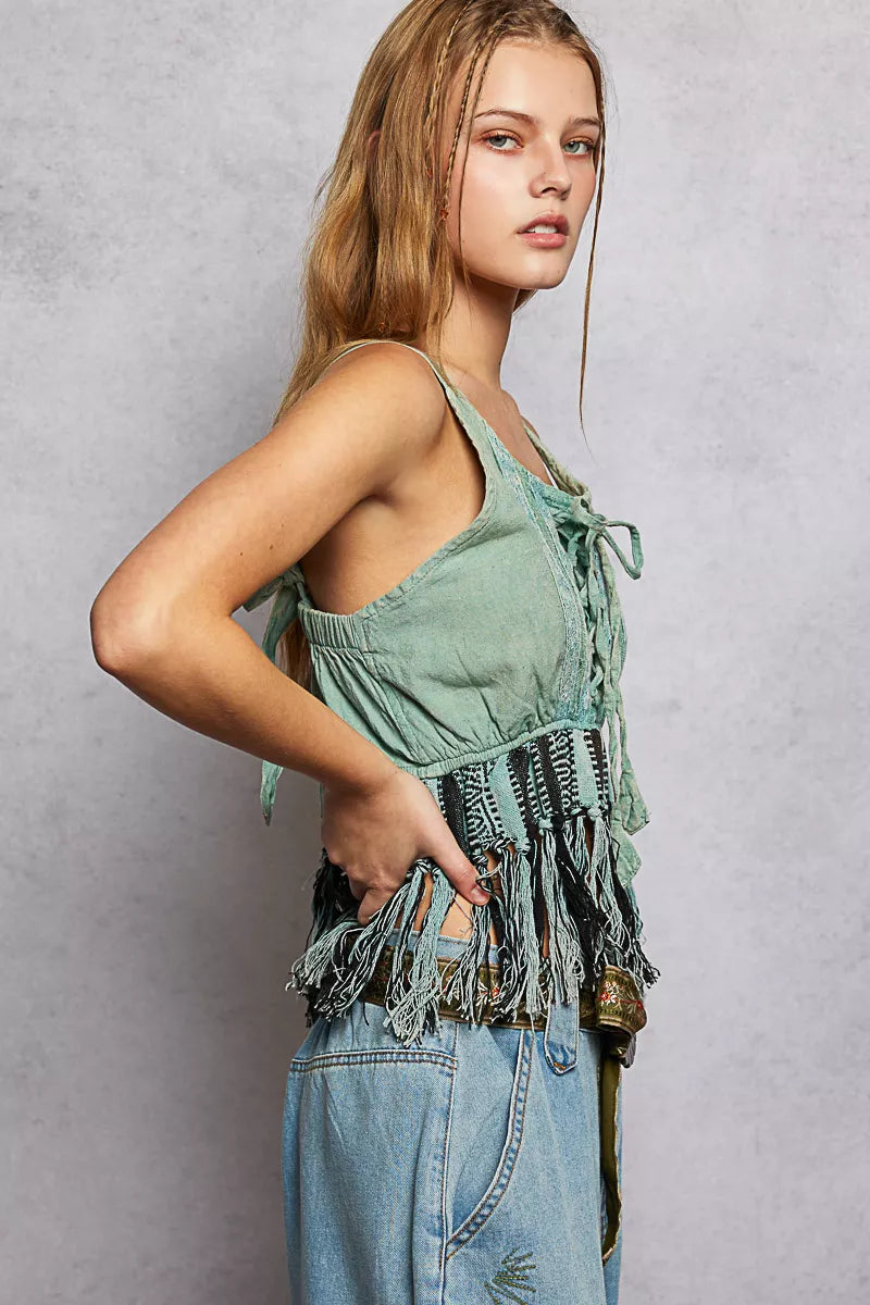 Sage fringe hem lace-up tank with bow-tie neckline and layered tassels