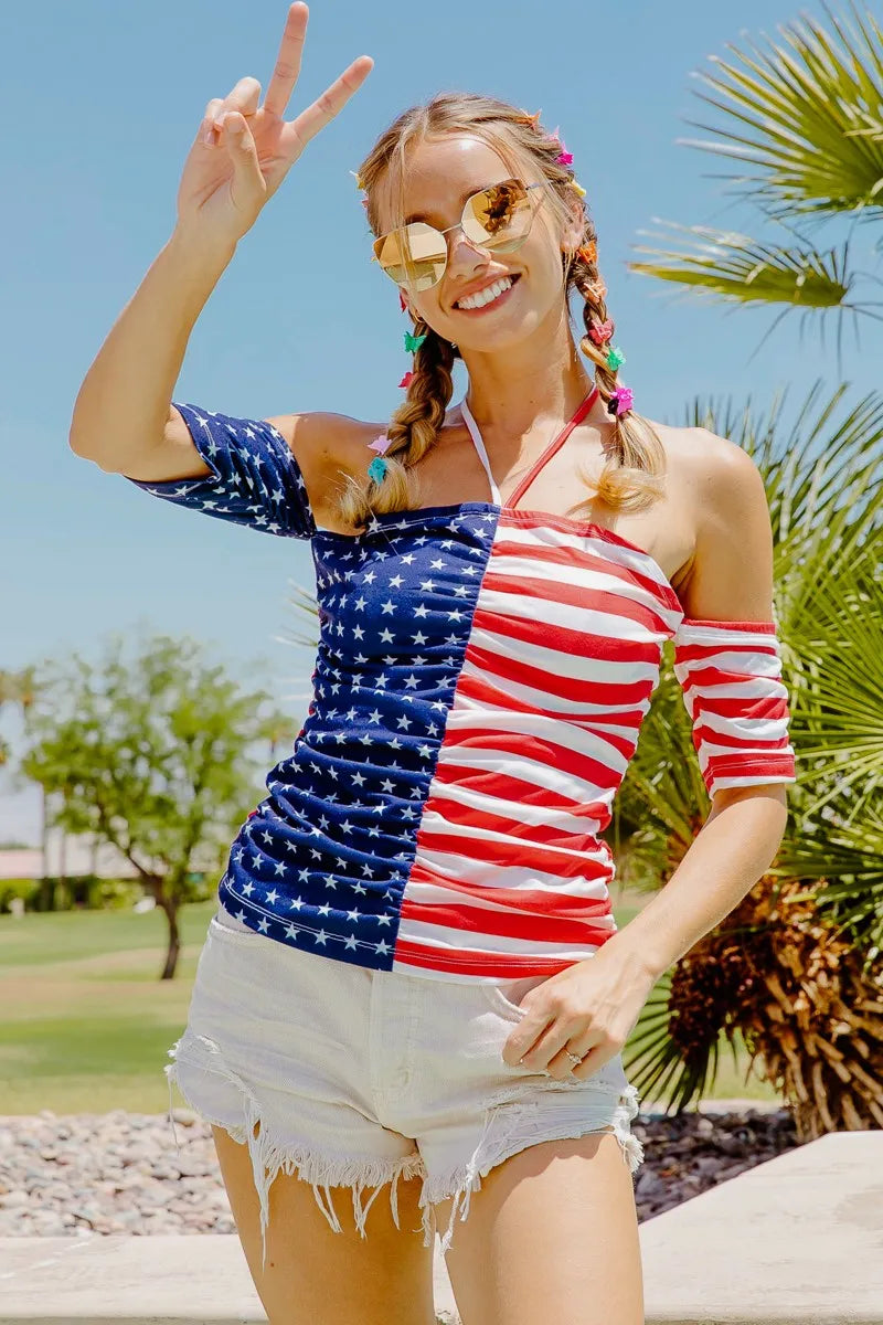 American flag off-shoulder ruched top with half sleeves and diagonal stripe layout