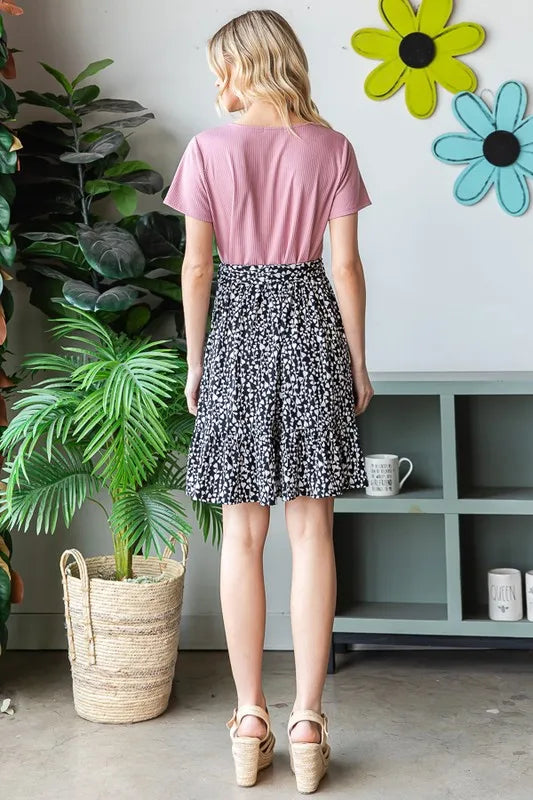 Back view mini dress: mauve short-sleeve top with black/white animal-print skirt