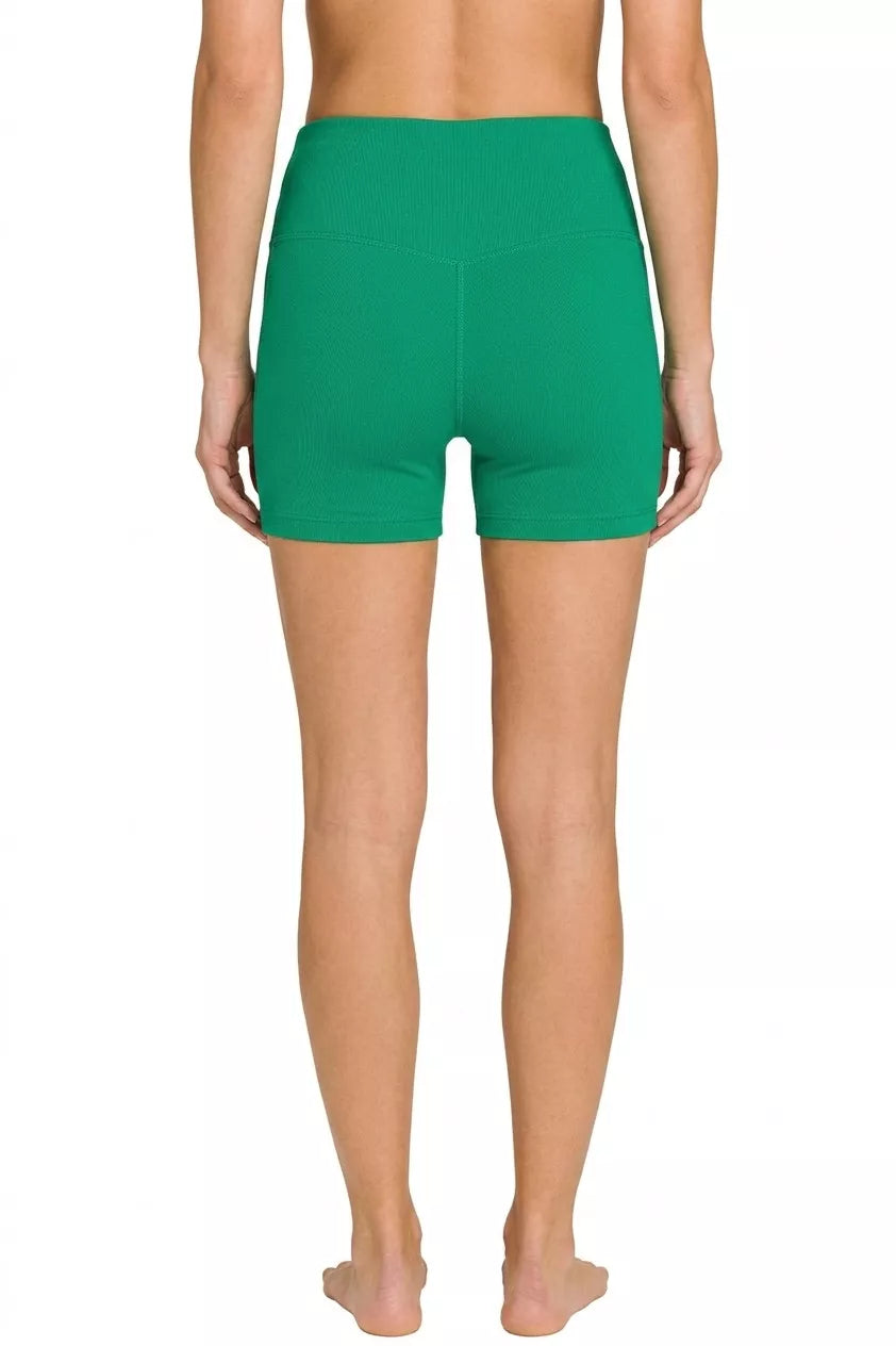 K Green brushed microfiber biker shorts, back view with wide waistband