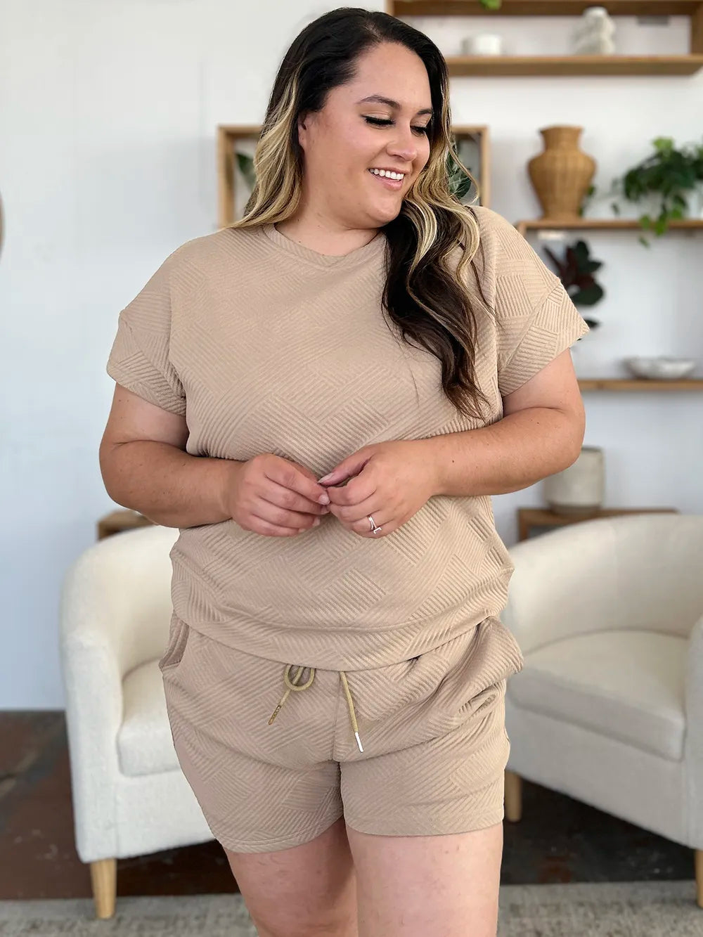 Taupe textured T-shirt & drawstring shorts set, relaxed fit, crew neck