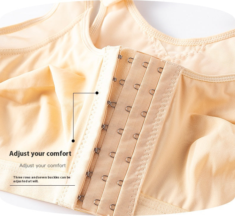 Front-closure sports bra in light beige with adjustable hook-and-bar band and reinforced seams