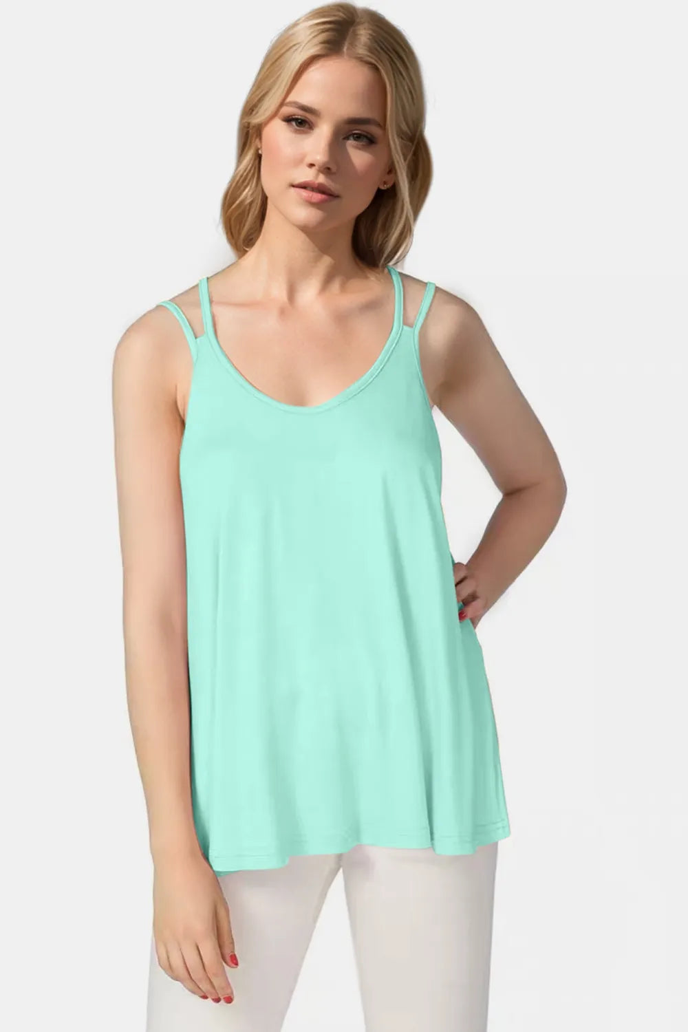 Mint blue cami with scoop neck and double spaghetti straps, front view.