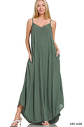 Zenana cami maxi dress Ash Jade, side pockets, V-neck straps